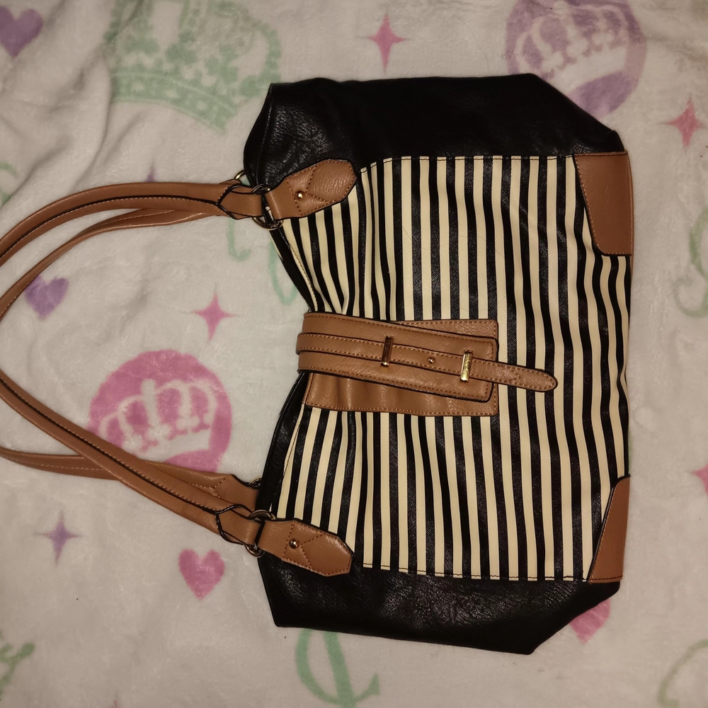 Black and Tan Striped Tote with Leather Accents